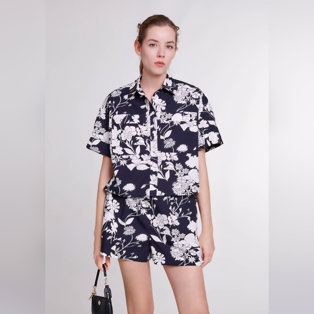 Maje Black and Light Cream Color Floral Cropped Short Sleeve Shirt